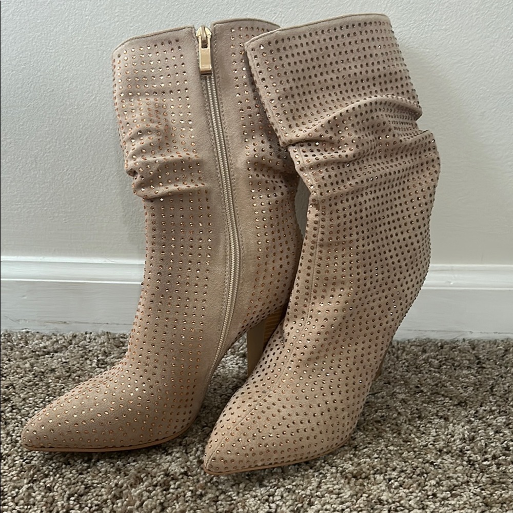 Tan Heeled Boots with Perforated Texture